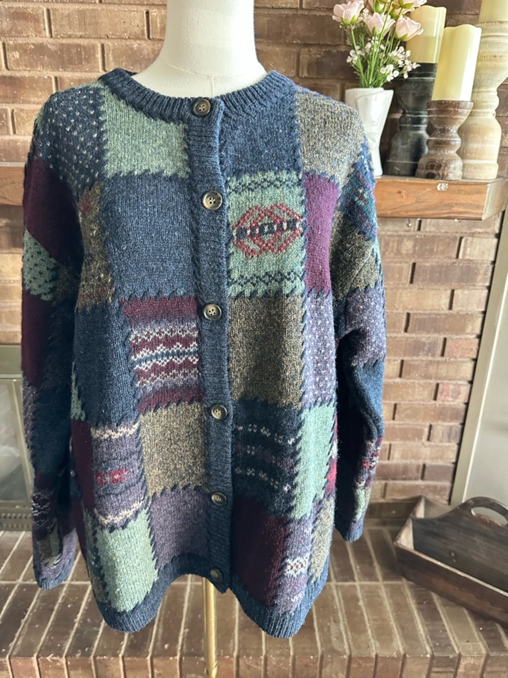 Vintage Eddie Bauer Legend Wool Patchwork Cardigan XL Deer Bay